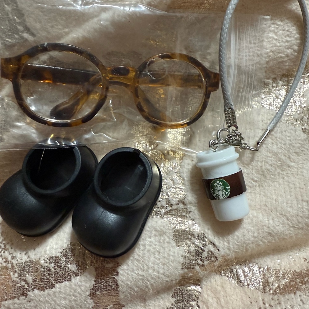 Labubu Accessories Tortoise Shell Glasses Shoes and Coffee Set